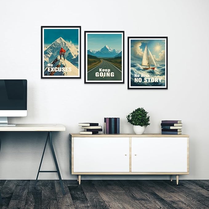 3 Panel Motivational Wall Art - Framed Mountain Road Sailboat Canvas Prints, No Excuses Keep Going No Risk No Story Inspirational Quotes Poster Modern Office Wall Decor, Ready to Hang 12"x16"x3