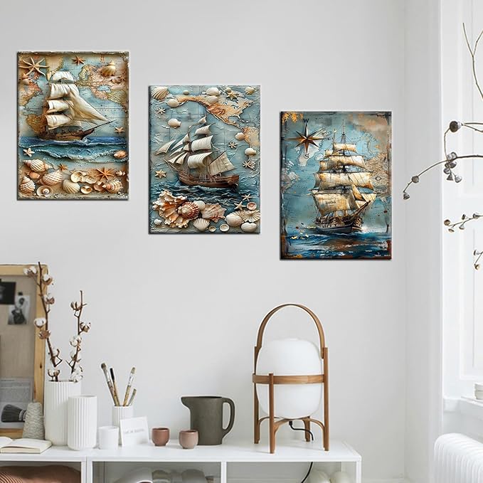 Abstract Sailboat Poster Canvas Wall Art Home Decor Vintage Ocean Creatures Seashell Starfish 3 Pieces Picture Print Artwork for Modern Home Bedroom Office Hotel Stretched and Framed [48''Wx24''H]