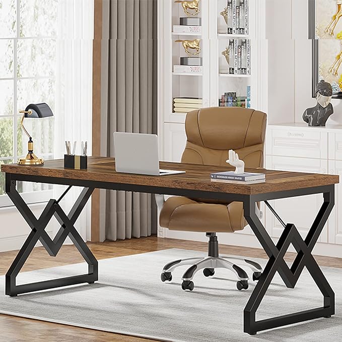 Tribesigns 63" Large Industrial Executive Desk with Extra Thickened Tabletop & Metal Frame, Heavy-Duty 300 lb Capacity Home Office Desk for Study Room, Dorm, Bedroom – Vintage Brown & Black
