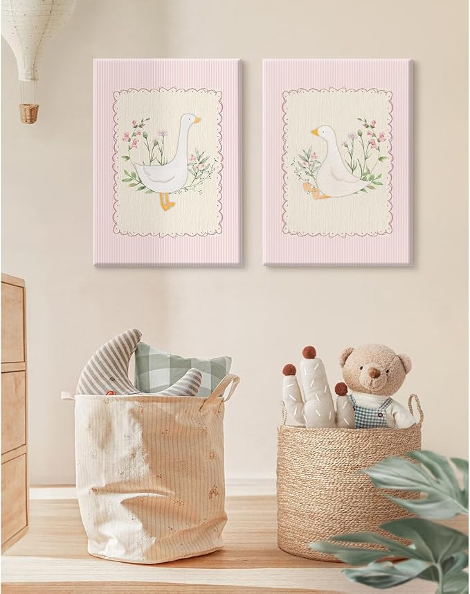Vintage Nursery Wall Art Silly Goose Canvas Poster Pink Coquette Wall Decor Girls Room Pictures Baby Kids Poster Cute Animal Prints Floral Painting Artwork for Gallery Bedroom 12x16 Inch Ready to Hang