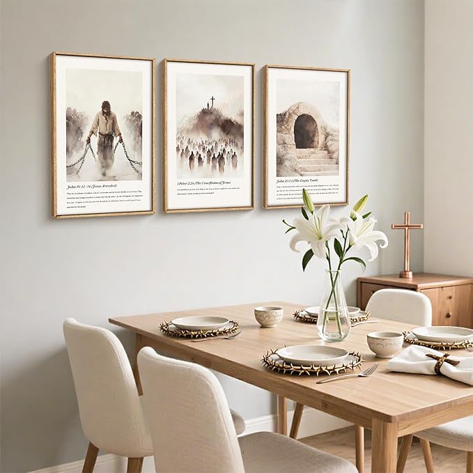 KAIRNE Christian Wall Art Set of 3, Jesus Resurrection Bible Verses Framed Canvas Prints, Easter Decor with Crucifixion, Empty Tomb, Religious Home Decor for Living Room, Church 16x24 Inch