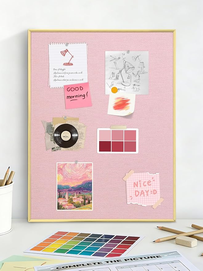 Bulletin Board with Golden Aluminum Frame, Pink Fabric Cork Board for Walls, 17 x 13 inches Pin Board with Push Pins for Office Home(G-AL,PK,4333)