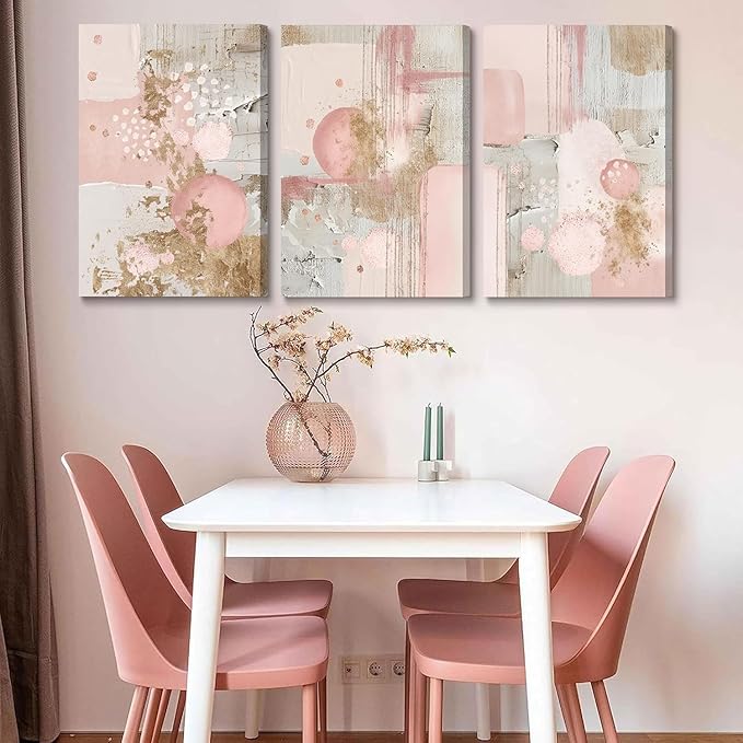 3Pcs Framed Pink and Gold Canvas Wall Art Abstract Posters Print Geometric Pictures Decor for Living Room Bedroom Bathroom Home Decoration