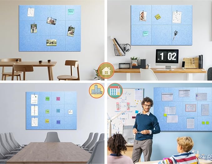 Felt Wall Tiles Bulletin Board Large Cork Board Alternative 6 Pack 11.81”x11.81”x0.47” Felt Pin Board Tack Board with Safe Removable Adhesive Tabs for Home Office School 36x24 (Light Blue)