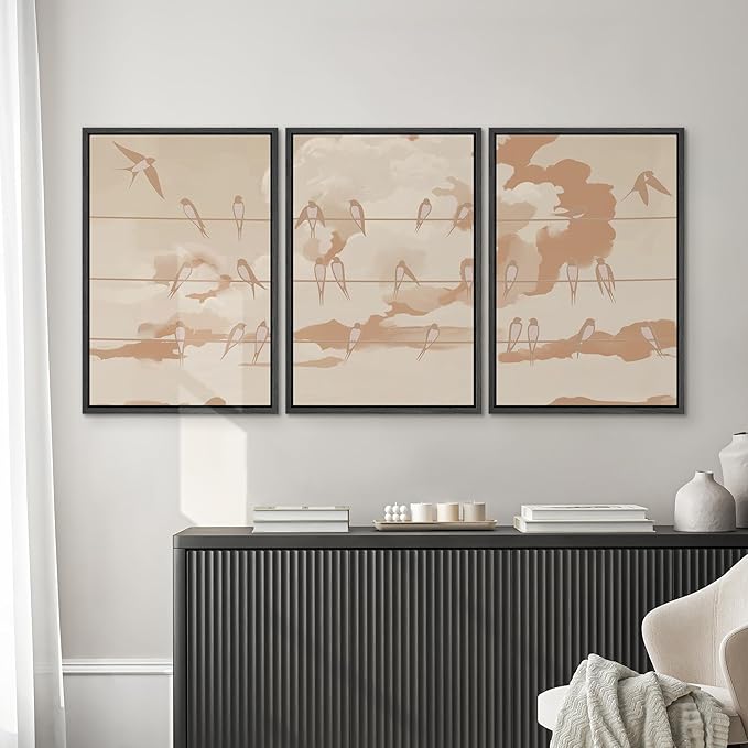 SIGNWIN Framed Canvas Print Wall Art Set Minimal Birds on Wires Neutral Sky Illustrations Modern Art Decorative Nordic Abstract for Living Room, Bedroom, Office - 16"x24"x3 Black