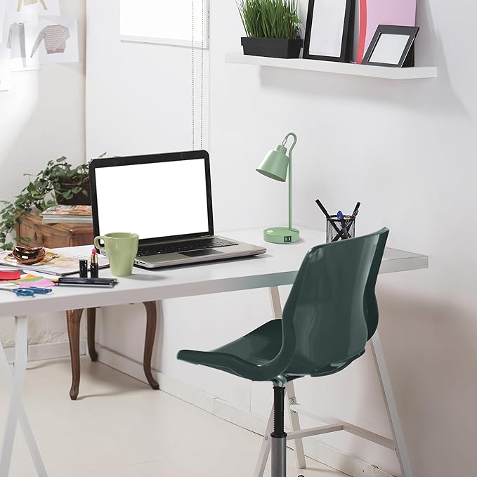 Simple Designs LD1073-SGE 16" Sleek Essentials Metal Looped Desk Task Lamp with Adjustable Shade and Dual USB Ports, for Office, Desk, Nightstand, Sage Green