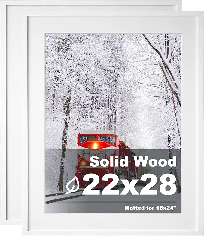 Egofine 22x28 Solid Wood Poster Frames Matted for 18x24 Set of 2 White - with Acrylic Plexiglass Front, Hanging Picture Frames Vertically or Horizontally
