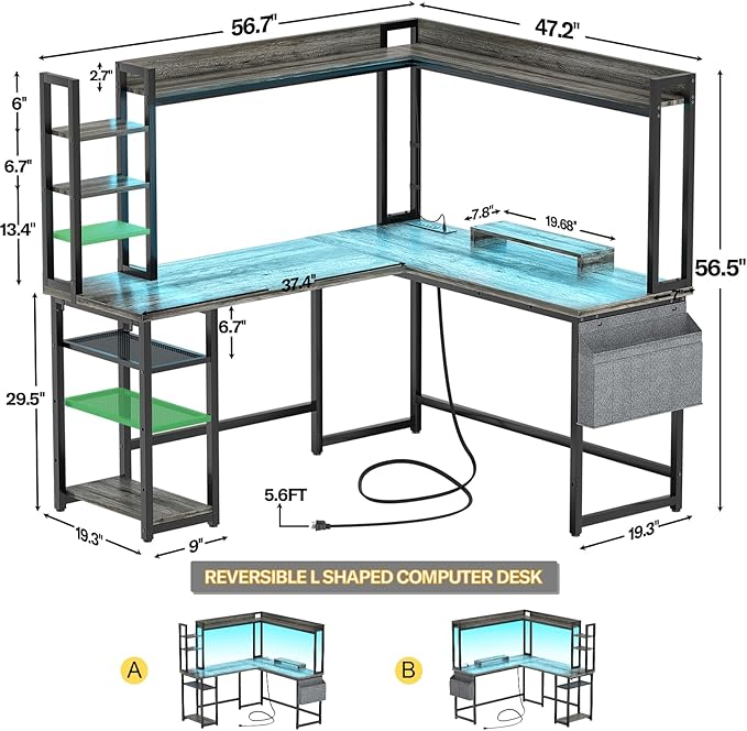 Aheaplus L Shaped Gaming Desk, Reversible L Shaped Desk with Power Outlet and Led Lights, Gaming Desks Corner Computer Desks with Hutch, Monitor Stand and Storage Bag for Home Office, Black Oak