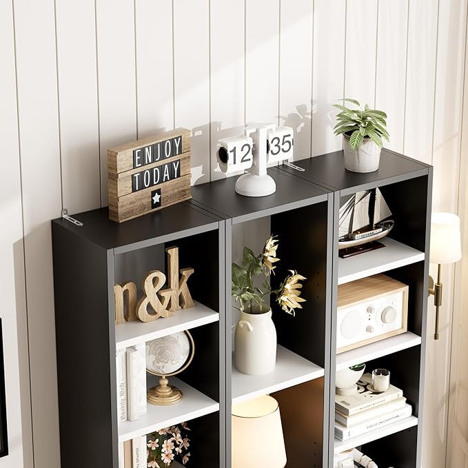 FOTOSOK 2 Pcs 71'' Tall Narrow Bookshelf, 8-Tier Media Tower Rack Set of 2, CD DVD Storage Cabinet with Adjustable Shelves, Tall Narrow Bookcase Skinny Display Bookshelf Slim Shelf, White/Black