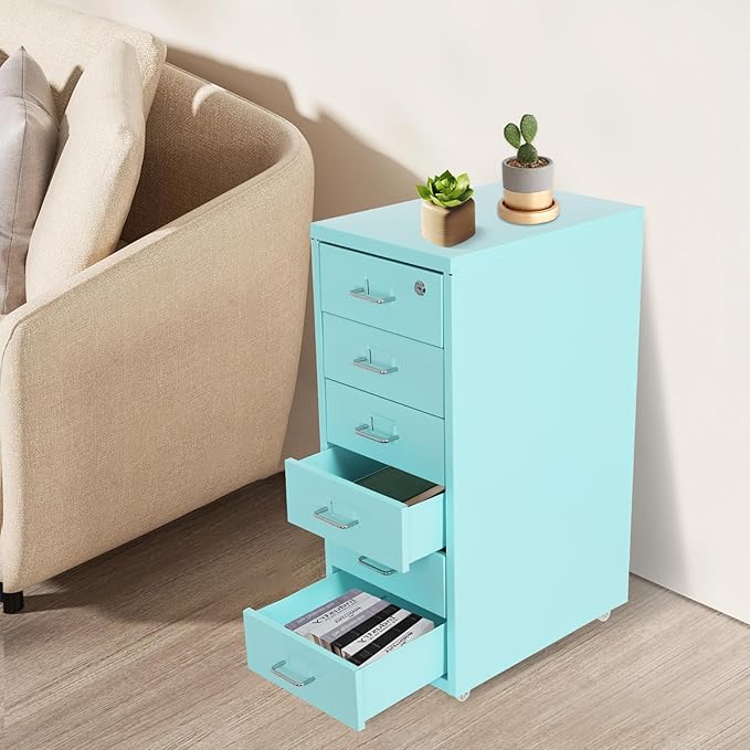 6 Drawer Rolling Metal Filing Cabinet, Metal Vertical Filing Cabinets with Lock, Rolling Under Desk Steel Lockable Filing Cabinets with Wheel, Vertical Files Cabinet for Home Office