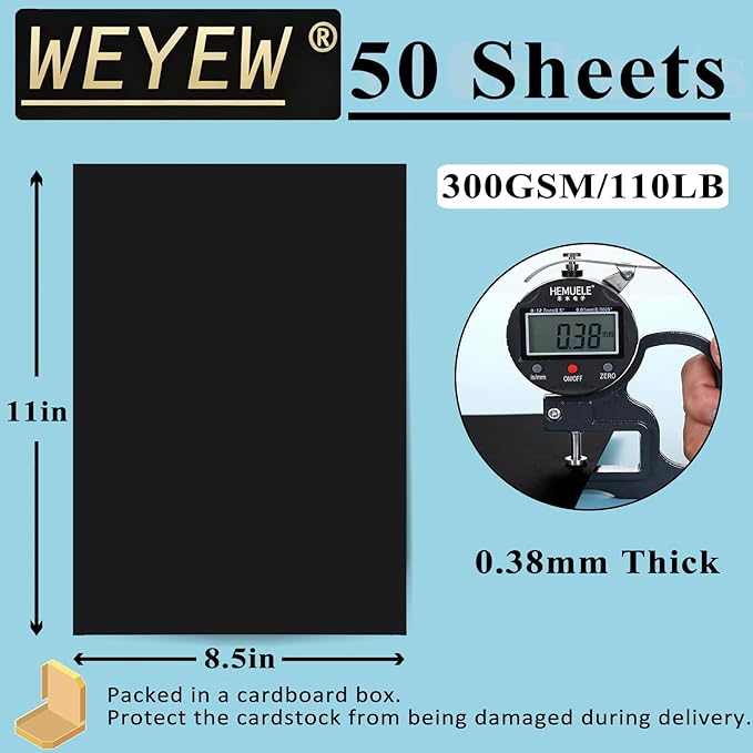 50 Sheets 110lb Black Cardstock, 8.5" x 11", Heavyweight Black Paper DIY Craft Card Making Project Paper, 110LB Cover 300 GSM