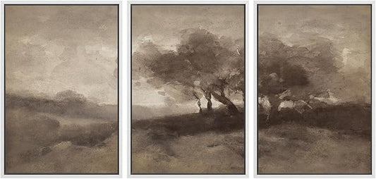 SIGNWIN Framed Canvas Print Wall Art Set Sepia-Toned Abstract Trees Vintage Landscape Illustrations Modern Art Decorative for Living Room, Bedroom, Office - 24"x36"x3 White