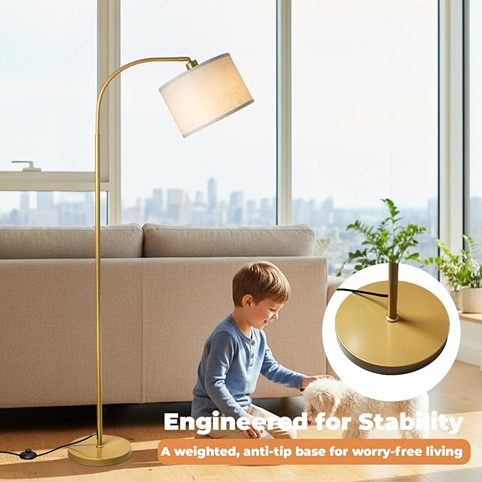 Arc Floor Lamps for Living Room, Modern Standing Lamp with Remote Dimmable Floor Lamp with Linen Shade, Tall Lamp for Bedroom Office Dining Room (Gold)