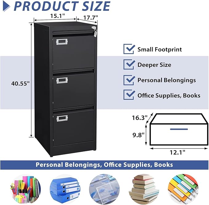 Black 3 Drawer File Cabinet,Metal Filing Cabinets with Lock,Office File Storage Cabinet for A4/Letter/Legal Size File(Assembly Required)