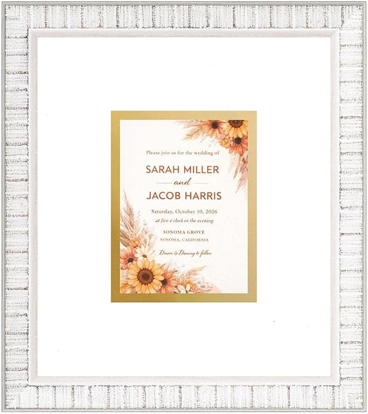 Poster Palooza Wedding Invitation Display Frame 10x11.25 in White With White and Metallic Gold Double Mat for 4.25x5.5 A2 Keepsake | USA Made