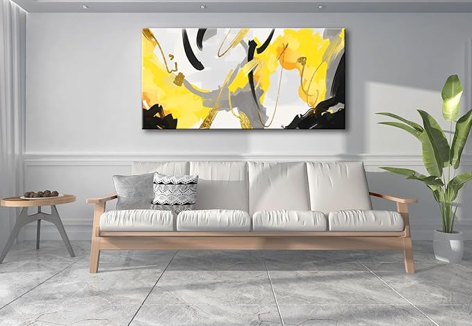 weiyiart Yellow Abstract Canvas Wall Art for Living Room Modern Contemporary Wall Paintings Large Print Picture Black & Gray Artwork Ready to Hang for Bedroom Dining Room Office Decor 29"x58"
