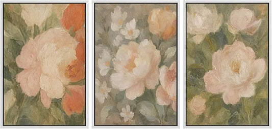 SIGNFORD Framed Wall Art Print Set Soft Pastel Peony Floral Romantic Botanical Digital Art Modern Art Contemporary for Living Room, Bedroom, Office - 16"x24"x3 WHITE