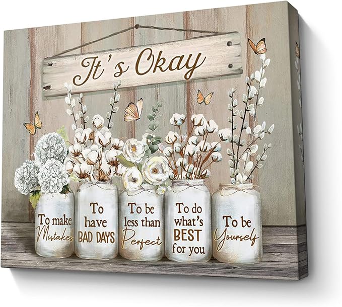 Parylore Floral Farmhouse Wall Art Canvas Encouraging Bible Verse On Marson Jars and Butterfly Print Wall Decor It's Okay Inspirational Quotes Picture Framed for Bedroom Decor 16x20 In