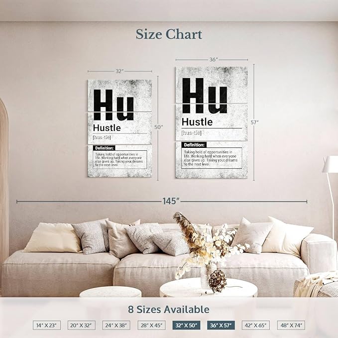 Elephant Stock - Hustle Definition Grunge Wall Art - Vertical Multi Panel Canvas - 3 Piece Living Room Wall Decor - Digital Art Inspirational And Typography Multi Piece Wall Art - Black And Gray Decor - 36" x 57"