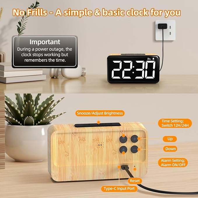 NOKLEAD Digital Alarm Clock for Bedroom: 5.9 inch Large LED Display, 9-Mins Snooze, 2 Volume Levels, 5 Brightness, 12/24H, Adapter Powered, Easy to Use for Adults and Seniors (Light Wood Grain)