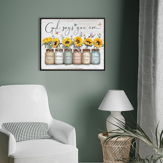 God Says You Are Wall Art: Christian Wall Art Framed Inspirational Quotes Bible Verse Wall Decor for Living Room Bedroom,Sunflower Pictures Religious Scripture Wall Art Prints Posters 12"x15"