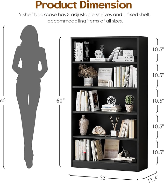 Soohow 5 Shelf Bookcase,60 Inch Wood Tall Bookshelves for Living Room,Black