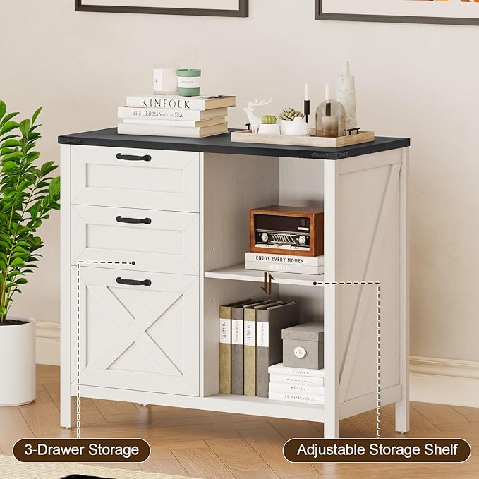 3 Drawer File Cabinet, Farmhouse Lateral Filing Cabinet Fits Files Letter or A4 Size, Wooden Printer Stand with Open Storage Adjustable Shelf for Home Office, White and Black