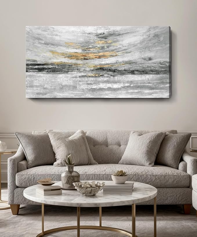 Nicetop Coastal Wall Decor 48x24 Inch, Abstract Canvas Wall Art Black White and Gold, Modern Ocean Artwork Ready to Hang for Living Room, Bathroom, Bedroom and Office | Minimalist