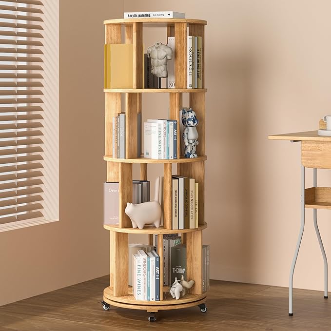 Rotating Bookshelf, 4 Tier Solid Wood Bookshelf Tower with Lockable Wheels, 360° Spinning Revolving Bookcase for Small Spaces, Corners, Bedroom, Kids Room, Home Office, Natural