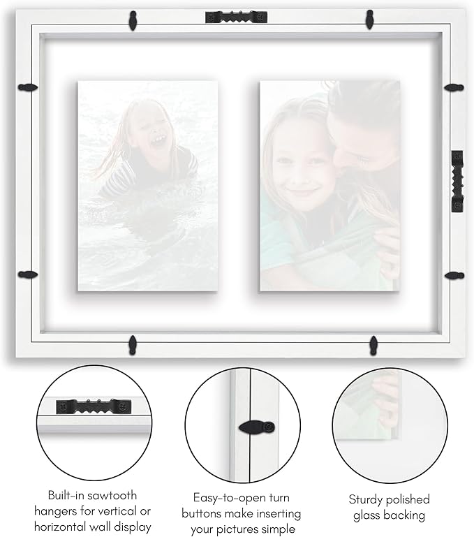 Americanflat 4x6 Double Picture Frame with Shatter-Resistant Glass - Fits Two 4x6 Photos or use as One 9x12 Picture Frame - Signature Collection - Collage Frames with Floating Effect for Wall - White