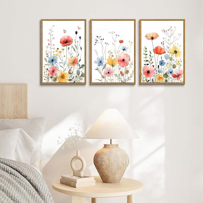 KISSFOX Colorful Wildflower Canvas Wall Art Set Of 3 Flowers Pictures Prints Flowers Printing Floral Watercolors Flower wall Decor Living Room Girls Bedroom Bathroom (White, 12"x16" Natural Framed, Framed)