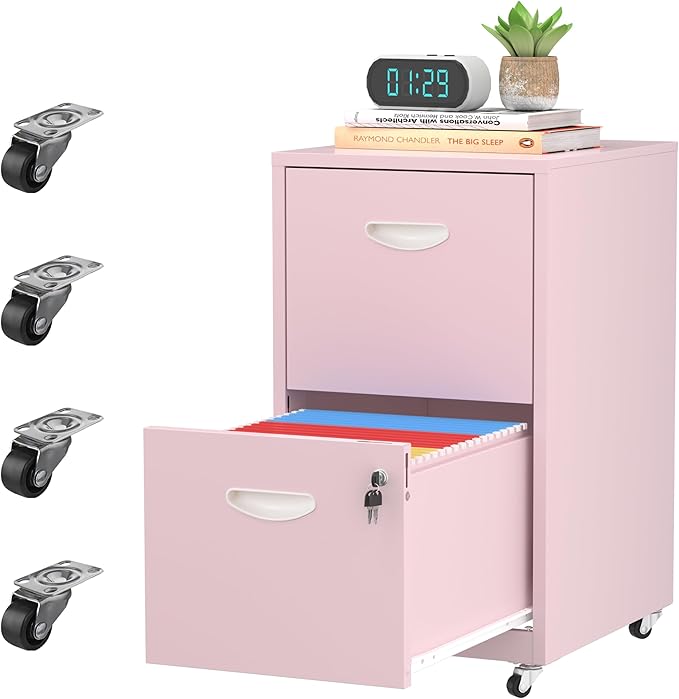 2 Drawer Rolling File Cabinet with Lock,Filing Cabinets for Home Office,Two Drawer File Cabinet, Mobile Under Desk File Cabinets,Printer Stand with Wheels Fit Letter/A4,Assembly Required