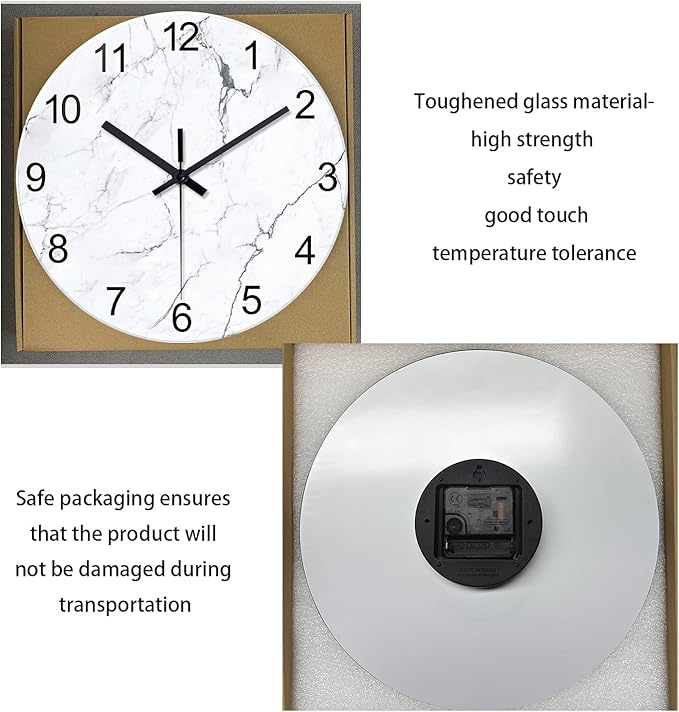 White Marble Glass Wall Clocks Battery Operated 12 Inch Abstract Decorative Analog Wall Clocks for Living Room Bedroom Office Silent Wall Clock Modern
