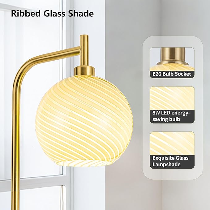 MAYNA Mid Century Modern Floor Lamp, Amber Ribbed Glass Standing Lamp with Built-in Timer Switch, Gold Tall Vintage Lamps for Living Room Bedroom, 2700K LED Bulb Included