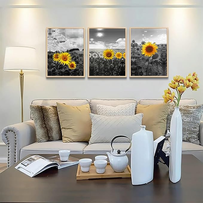 hyidecorart Natural Framed Wall Art - Large Sunflower Flowers Black And White Wall Pictures - Set of 3 Piece Prints - For Living Room, Kitchen, Bedroom