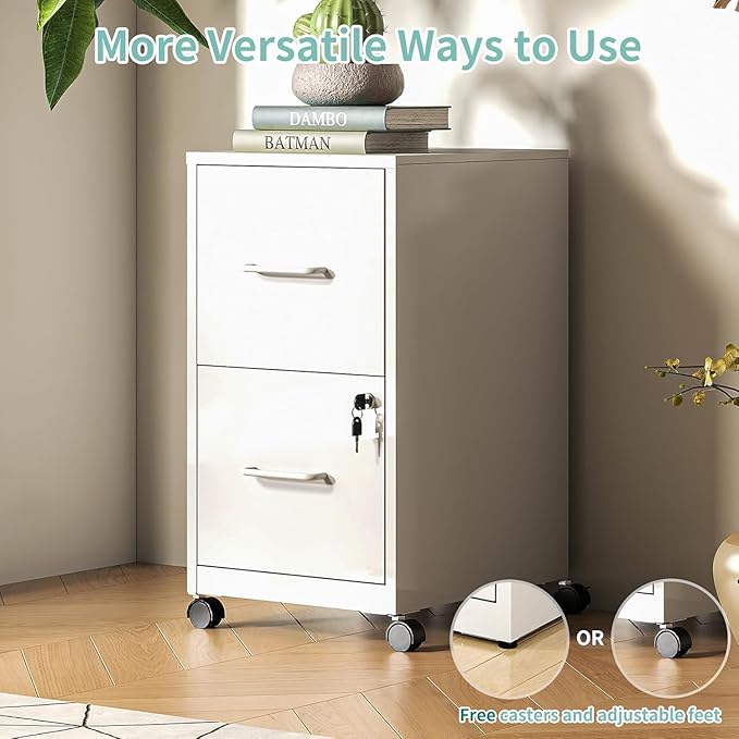 2 Drawer File Cabinet with Wheels, Metal Mobile Filing Cabinets with Lock, Vertical File Cabinet for Home Office, Rolling Storage Cabinet for A4/Letter/Legal Size File, Assembly Required, White