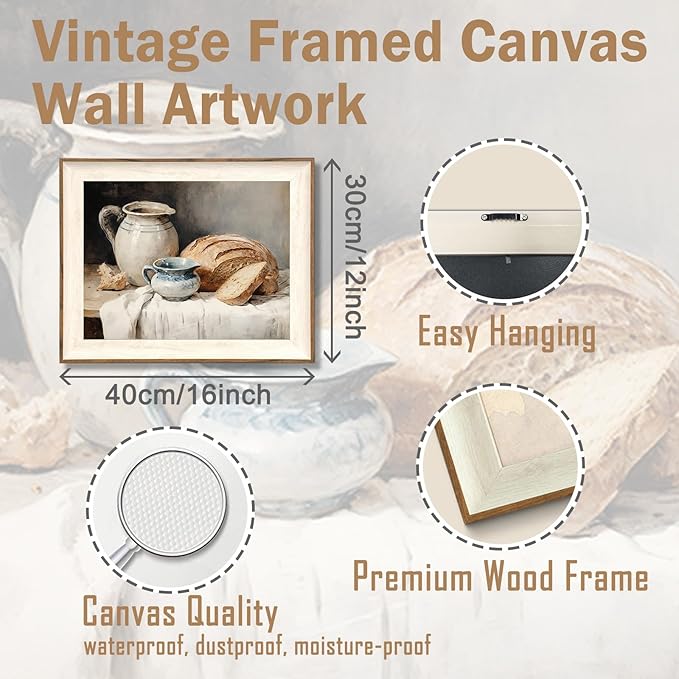 ASTRDECOR Framed Kitchen Wall Art, Modern Muted Still Life Painting Farmhouse Wall Decor, Sourdough Bread Canvas Wall Art Prints, Rustic Jars White Tablecloth Country Wall Decor Living Room-12''x16''
