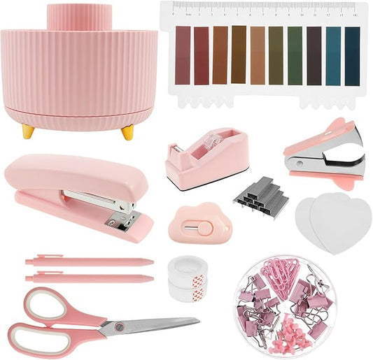 Office Supply Set, Practical Desk Accessories Set, Portable Desk Office Supply Sets Tape Dispenser, Convenient Offices Desks Accessories with 360° Pen Holder Staples Scissor for Offices Home Best Gift