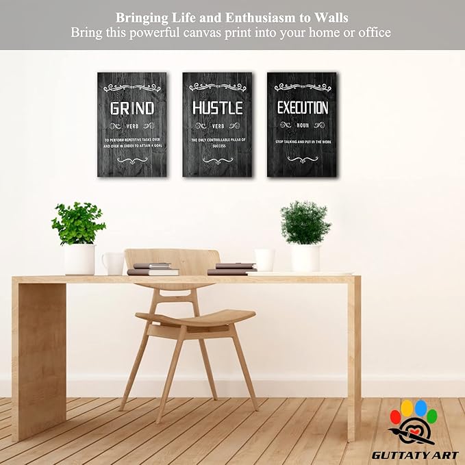 Office Wall Art - 3 Panel Motivational Wall Art, Inspirational Quotes Canvas Art for Home Office Wall Decor, Positive Quotes Wall Decor, Entrepreneur Grind Hustle Execution Poster Frame (12”x18”x3Pcs)