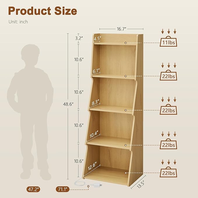 Hoctieon 5-Tier Open Bookcase and Bookshelf with LED Light, Floor Standing Display Storage Shelves, Wood Modern Display Organizer for Home Office, Living Room, Bedroom, Study, Yellow Oak