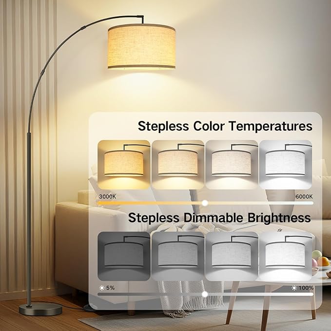 OUTON 81" Arc Floor Lamp, 12W 1080LM LED Dimmable Floor Lamp with 16" Beige Lampshade, Remote Control & Foot Switch, 4 Colour Temperatures, Tall Standing Lamp for Living Room Bedroom Office, Black