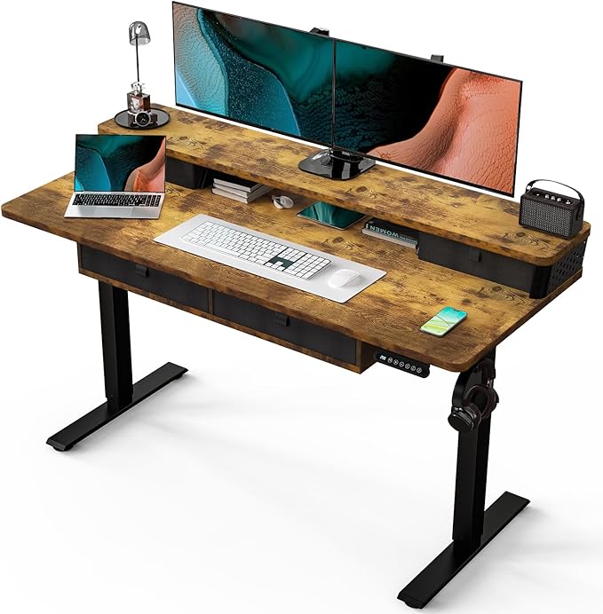 Kingant 55 x 24 Inch Electric Standing Desk with 4 Drawers, Height Adjustable Sit to Stand Computer Desk with Storage Shelf and C-Clamp Mount Compatibility for Home Office, Rustic Brown