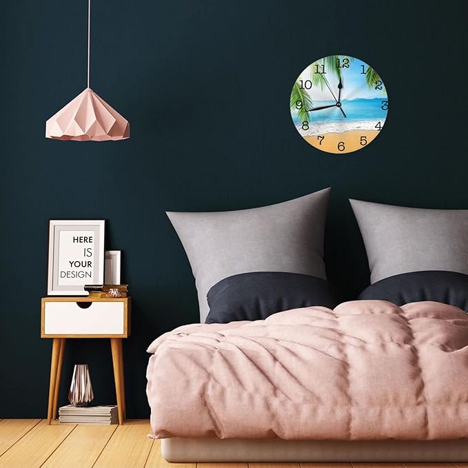 Sea Beach with Palm Trees Wall Clock Battery Operated Silent Round Clock Wall Decor for Home Office School, 9.8 Inch