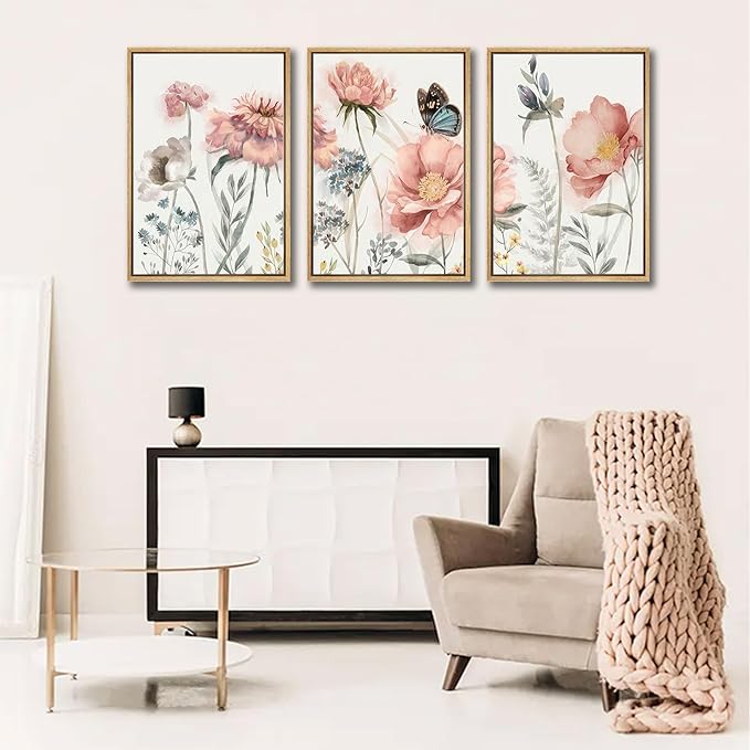 3pcs Pink Peony Floral Canvas Wall Art Butterfly Blossom Posters Prints Watercolor Bouquet Wall Decor Pictures For Living Room Classroom Bedroom Decoration Unframed