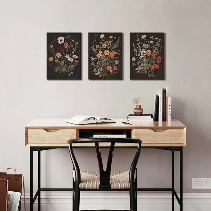 TUEASKY 3 Piece Canvas Wall Art Wildflower Wall Decor Botanical Pictures Floral Paintings Moody Framed Art Vintage Prints Dark Artwork
