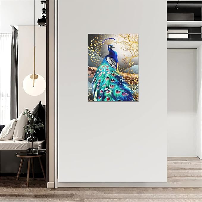 yerretin Peacock Wall Art Peacock Golden Tree Pictures Wall Decor Bird Canvas Painting Modern Decoration Artwork for Bathroom Living Room Bedroom Office Framed 12"x16"