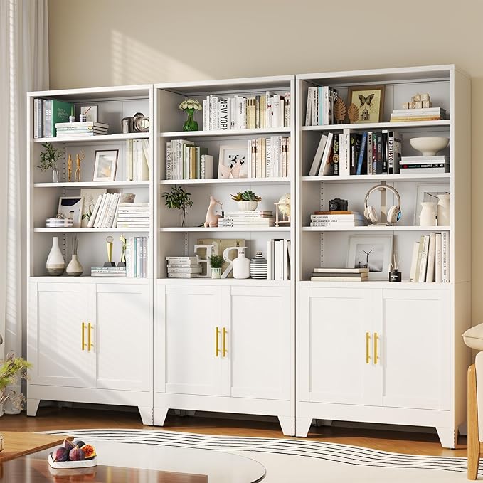 Metal Bookcase with Doors, White 71" Tall Bookcase with Storage, Floor Industrial Bookshelves and Bookcases 6 Tier Shelf Dispaly Storage Shelves for Home Office, Living Room, Bedroom, White