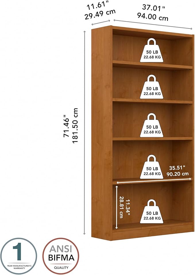 Bush Home Universal Tall 5 Shelf Bookcase in Natural Cherry, Vertical Storage and Display Bookshelf for Home Office or Living Room Organization