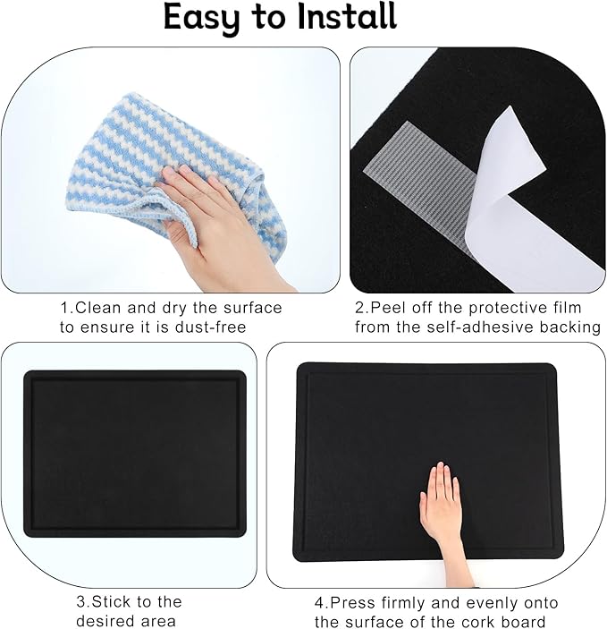 Bulletin Board, 24" x 18" Foldable Cork Board Felt Pin Boards with 35 Pushpins Self-Adhesive Photo Decorative Felt Boards for Walls, Office, School, Classroom, Home, Bedroom - Black