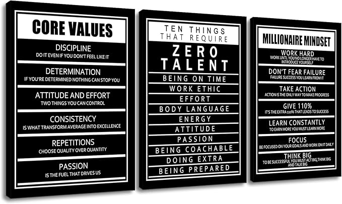 Inspirational Canvas Wall Art 3 Pieces Motivational Quote Picture Painting Ten Things That Require Zero Talent and Core Values Print Poster for Office Living Room Artwork Ready to Hang [60''Wx28''H]